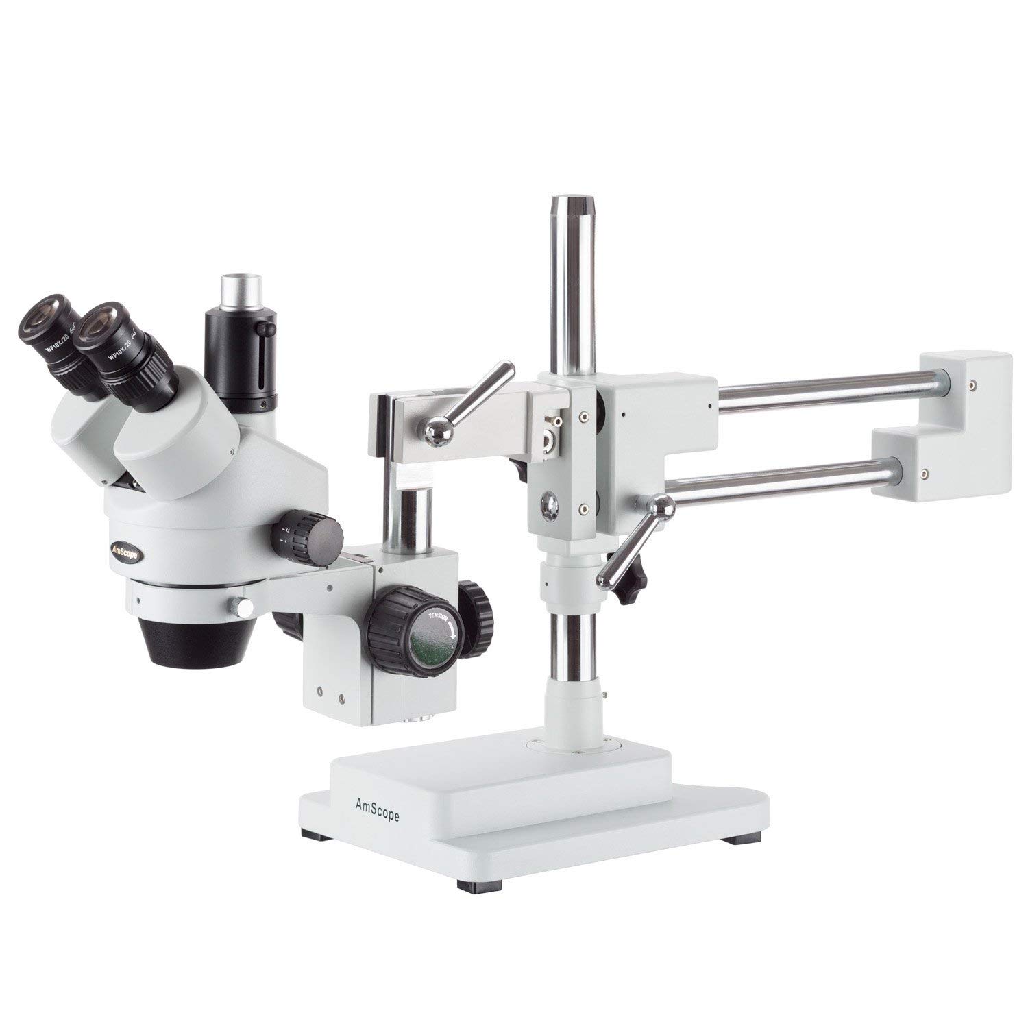 AmScope SM-4TPY Professional Trinocular Stereo Zoom Microscope with Simultaneous Focus Control, WH10x Eyepieces, 7X-90X Magnification, 0.7X-4.5X Zoom Objective, Ambient Lighting, Double-Arm Boom Stand, Includes 2.0X Barlow Lens