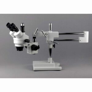 AmScope SM-4TPY Professional Trinocular Stereo Zoom Microscope with Simultaneous Focus Control, WH10x Eyepieces, 7X-90X Magnification, 0.7X-4.5X Zoom Objective, Ambient Lighting, Double-Arm Boom Stand, Includes 2.0X Barlow Lens