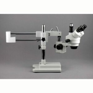 AmScope SM-4TPY Professional Trinocular Stereo Zoom Microscope with Simultaneous Focus Control, WH10x Eyepieces, 7X-90X Magnification, 0.7X-4.5X Zoom Objective, Ambient Lighting, Double-Arm Boom Stand, Includes 2.0X Barlow Lens