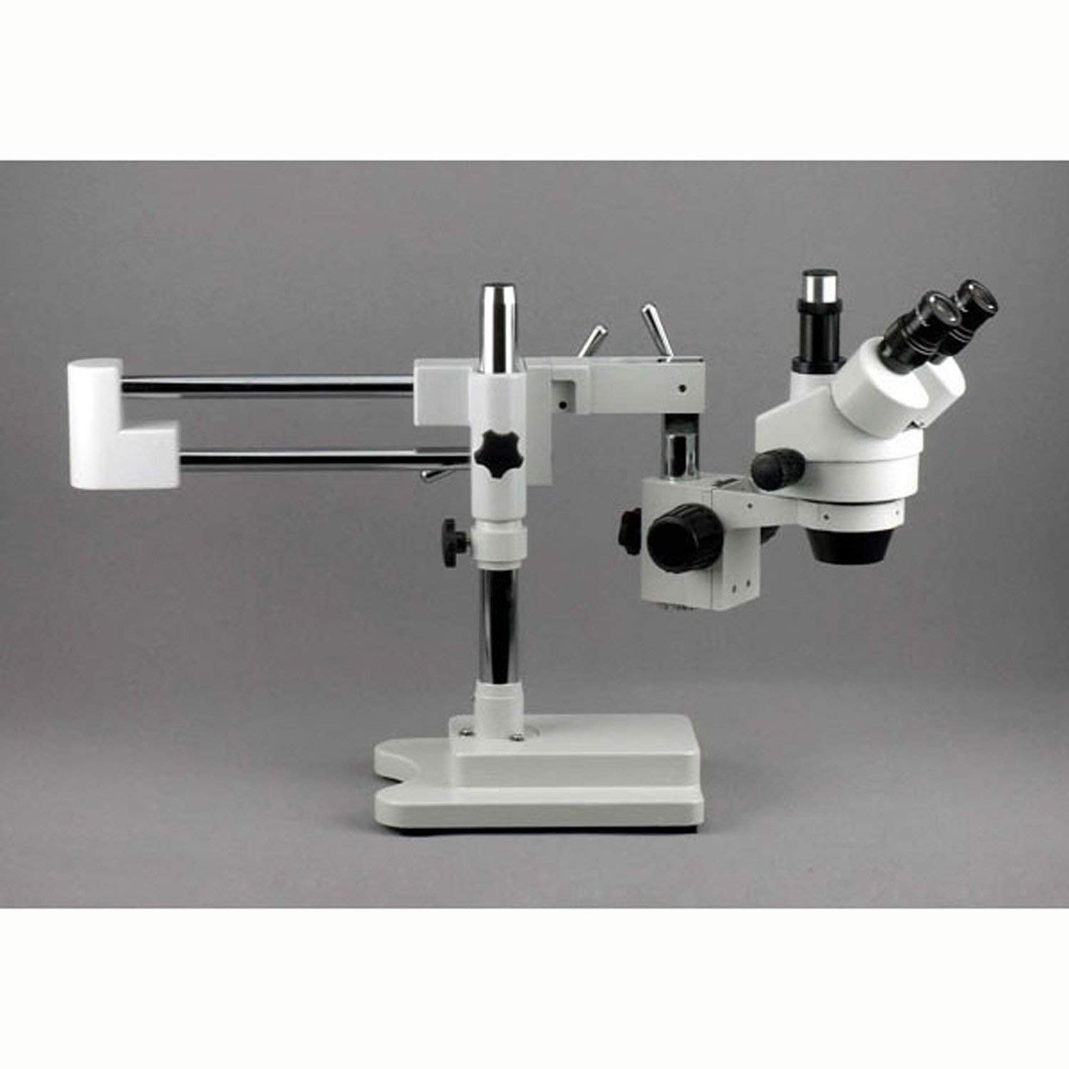 AmScope SM-4TPY Professional Trinocular Stereo Zoom Microscope with Simultaneous Focus Control, WH10x Eyepieces, 7X-90X Magnification, 0.7X-4.5X Zoom Objective, Ambient Lighting, Double-Arm Boom Stand, Includes 2.0X Barlow Lens