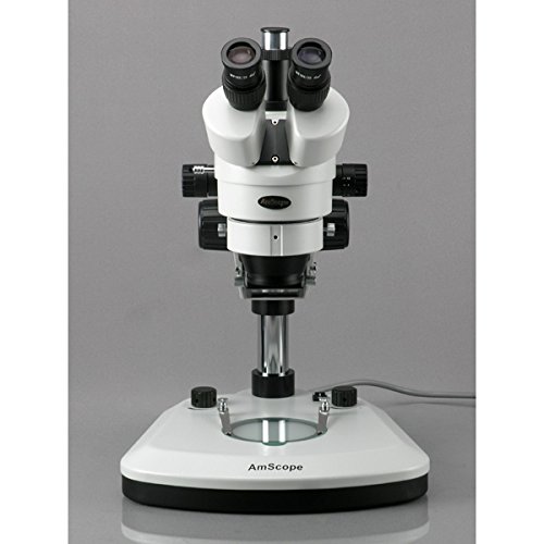 AmScope SM-1TZ-PL-5M Digital Professional Trinocular Stereo Zoom Microscope, WH10x Eyepieces, 3.5X-90X Magnification, 0.7X-4.5X Zoom Objective, Upper and Lower LED Lighting, Large Pillar-Style Table Stand, Includes 0.5X and 2.0X Barlow Lenses and 5MP Came