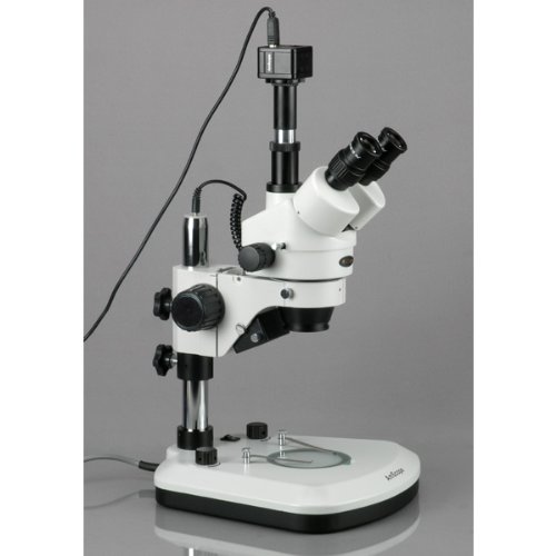 AmScope SM-1TZ-PL-5M Digital Professional Trinocular Stereo Zoom Microscope, WH10x Eyepieces, 3.5X-90X Magnification, 0.7X-4.5X Zoom Objective, Upper and Lower LED Lighting, Large Pillar-Style Table Stand, Includes 0.5X and 2.0X Barlow Lenses and 5MP Came