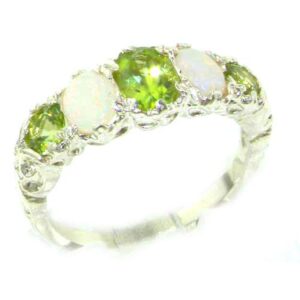 LetsBuyGold 925 Sterling Silver Real Genuine Peridot and Opal Womens Band Ring - Size 7