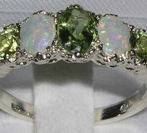 LetsBuyGold 925 Sterling Silver Real Genuine Peridot and Opal Womens Band Ring - Size 7