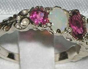 LetsBuyGold 925 Sterling Silver Natural Pink Tourmaline and Opal Womens Band Ring - Size 5