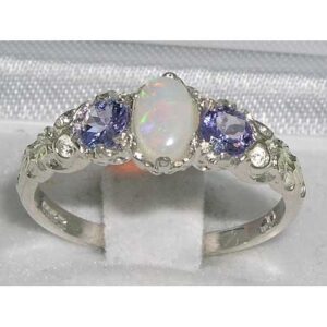 LetsBuyGold 925 Sterling Silver Natural Opal and Tanzanite Womens Anniversary Ring - Size 10.5