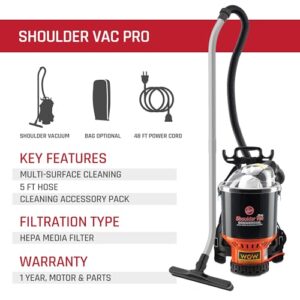 Hoover Commercial Shoulder Vac Pro Backpack Bagged Vacuum Cleaner, with HEPA Media Filter, Lightweight with Extra Long Cord, Chiropractic Design, for Carpet and Hard Floors, C2401, Black