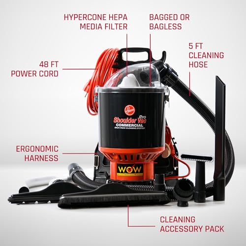 Hoover Commercial Shoulder Vac Pro Backpack Bagged Vacuum Cleaner, with HEPA Media Filter, Lightweight with Extra Long Cord, Chiropractic Design, for Carpet and Hard Floors, C2401, Black