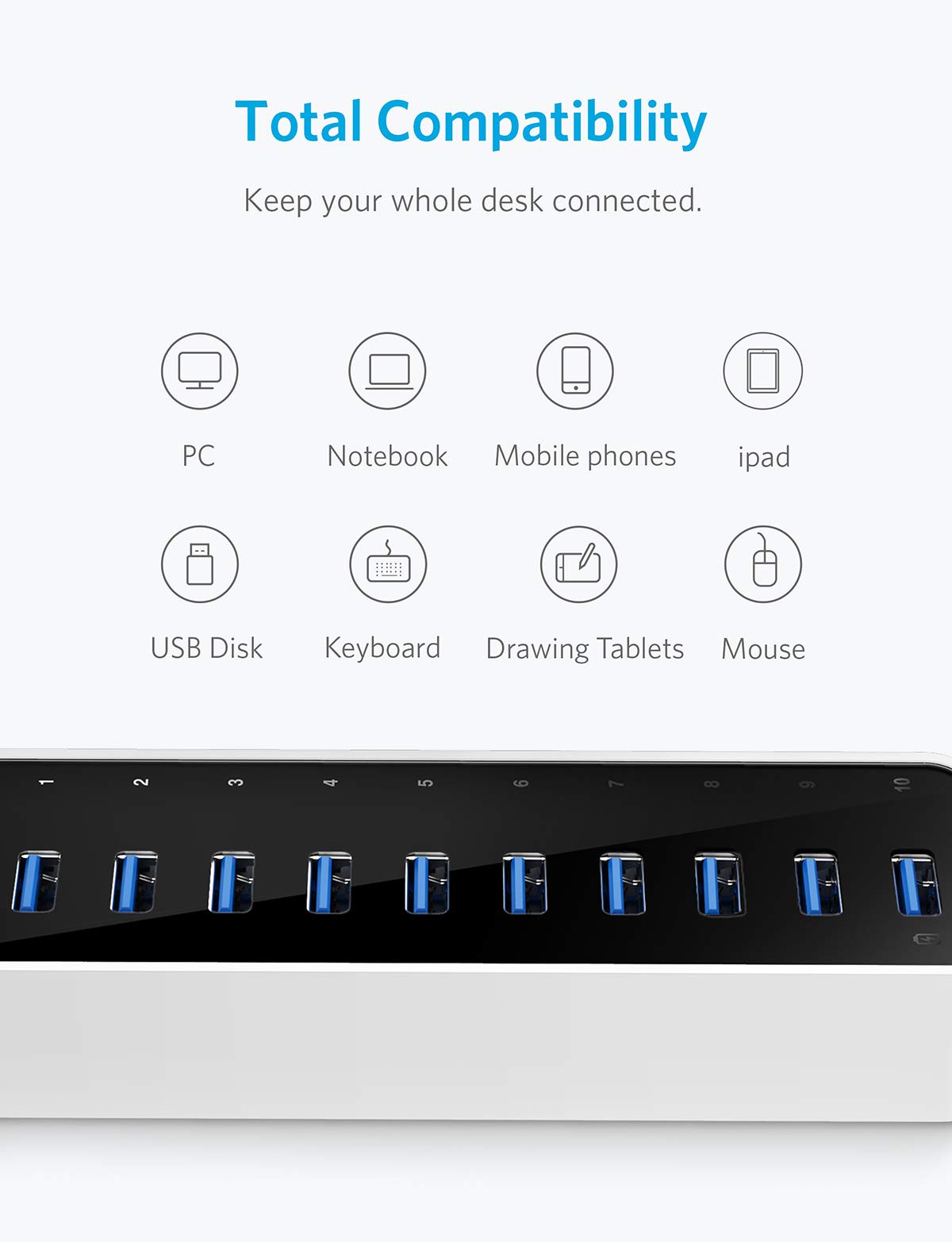 Anker USB A Hub, USB 3.0 Hub, 10 Ports USB Hub for Laptop & PC, for MacBook, Mac Pro/Mini, iMac, XPS, Surface Pro, Galaxy Series, Mobile HDD and More