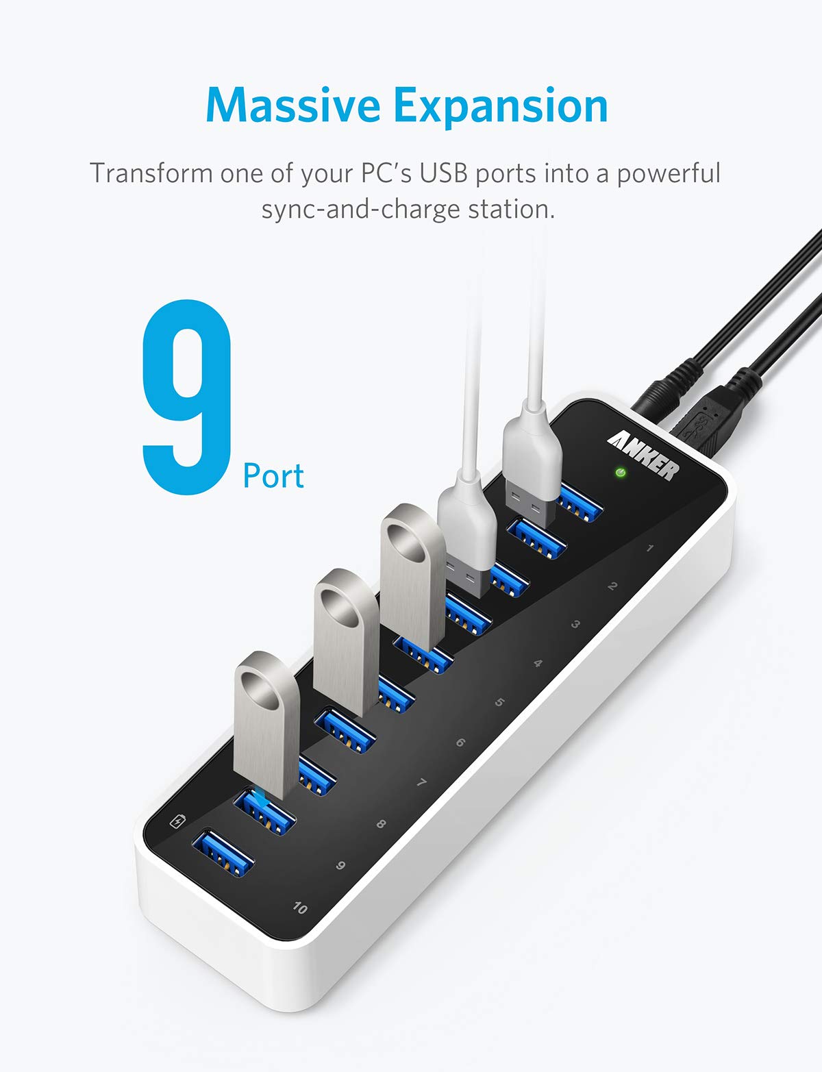 Anker USB A Hub, USB 3.0 Hub, 10 Ports USB Hub for Laptop & PC, for MacBook, Mac Pro/Mini, iMac, XPS, Surface Pro, Galaxy Series, Mobile HDD and More