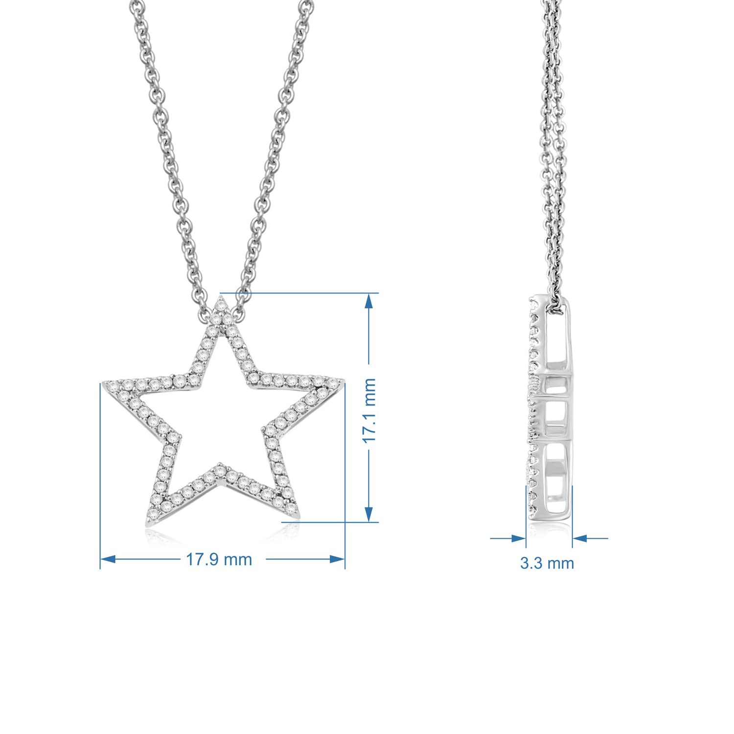 Jewelili Star Pendant Necklace in Sterling Silver 1/5 Cttw Natural White Round Diamonds 18" Rolo Chain