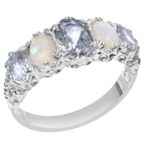 LetsBuyGold 14k White Gold Real Genuine Aquamarine and Opal Womens Promise Ring - Size 9