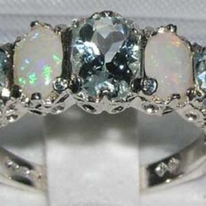 LetsBuyGold 14k White Gold Real Genuine Aquamarine and Opal Womens Promise Ring - Size 9