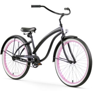 firmstrong bella fashionista women's beach cruiser bicycle, single speed bicycle, 26 inch wheels, matte black with pink rims