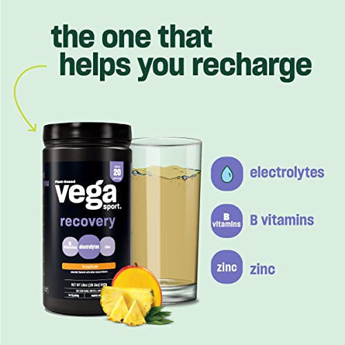 Vega Sport Recovery, Tropical - Post Workout Recovery Drink for Women & Men, Electrolytes, Carbohydrates, B-Vitamins, Vitamin C and Protein, Vegan, Gluten Free, Dairy Free, 1.2 lbs