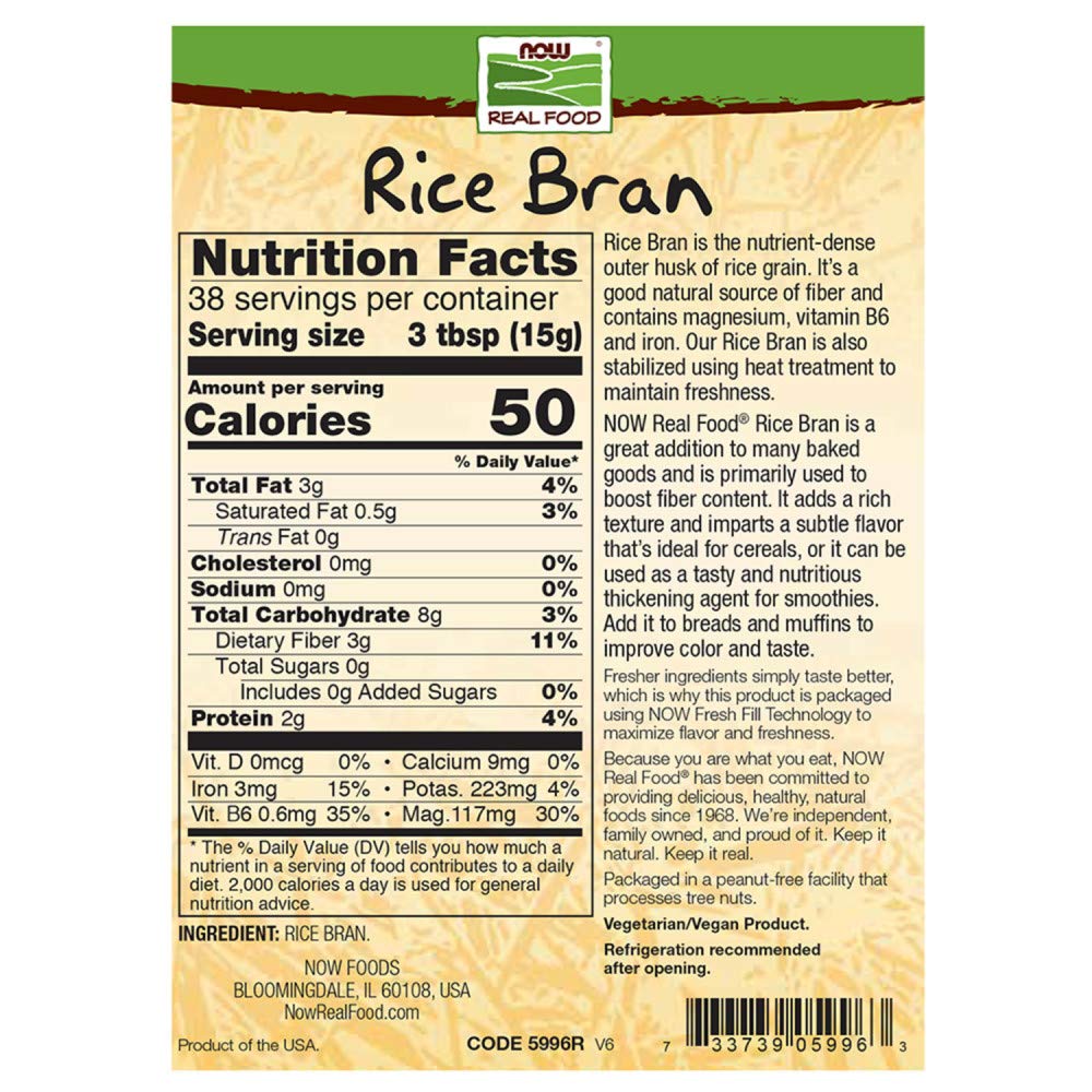 NOW Foods, Rice Bran, Source of Magnesium, Vitamin B6, Fiber and Iron, USA-Grown, Gluten-Free and Certified Non-GMO, 20-Ounce (Packaging May Vary)