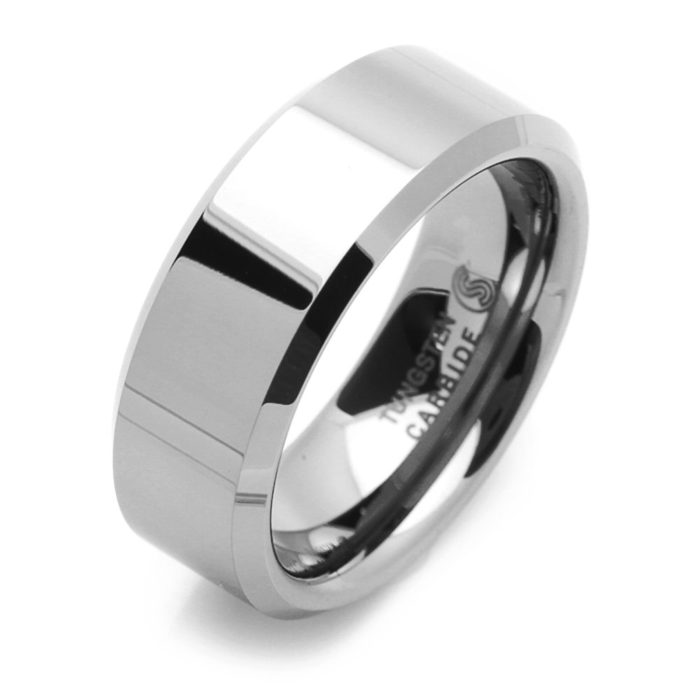 Double Accent 8MM Comfort Fit Tungsten Carbide Wedding Band Beveled Edges Classic Flat Ring (5 to 15), 7.5