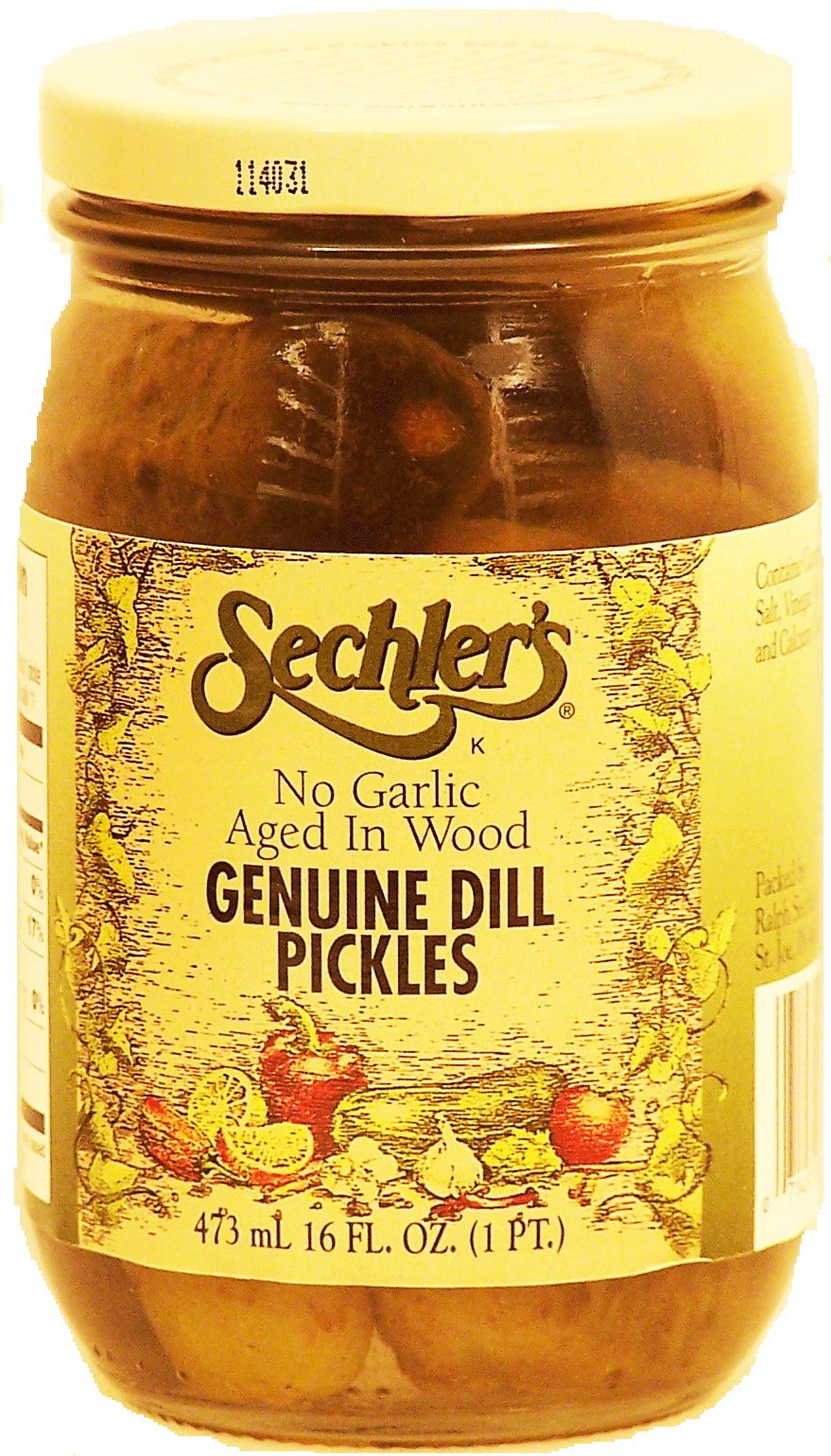 Sechler's genuine dill pickles, no garlic, aged in wood