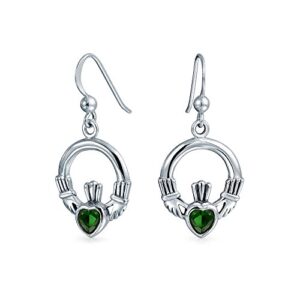 Friendship BFF Simulated Green Emerald CZ Heart Circle Irish Love Symbol Celtic Claddagh Dangle Earrings For Women Girlfriend Oxidized .925 Sterling Silver Fish Hook