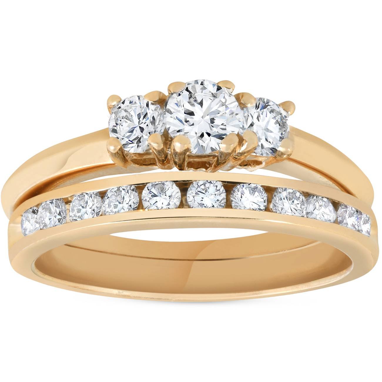 14k Yellow Gold 1ct Diamond Engagement Wedding Ring Set 3Stone Channel Set Round - Size 4.5