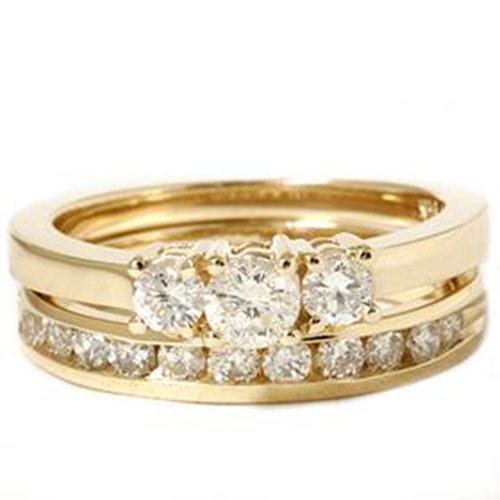 14k Yellow Gold 1ct Diamond Engagement Wedding Ring Set 3Stone Channel Set Round - Size 4.5