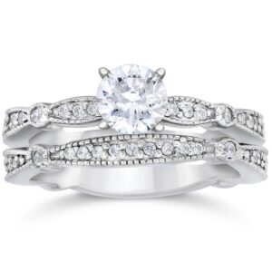 1ct Pave Milgrained Diamond Engagement Wedding Ring Set 14K White Gold - Size 9.5