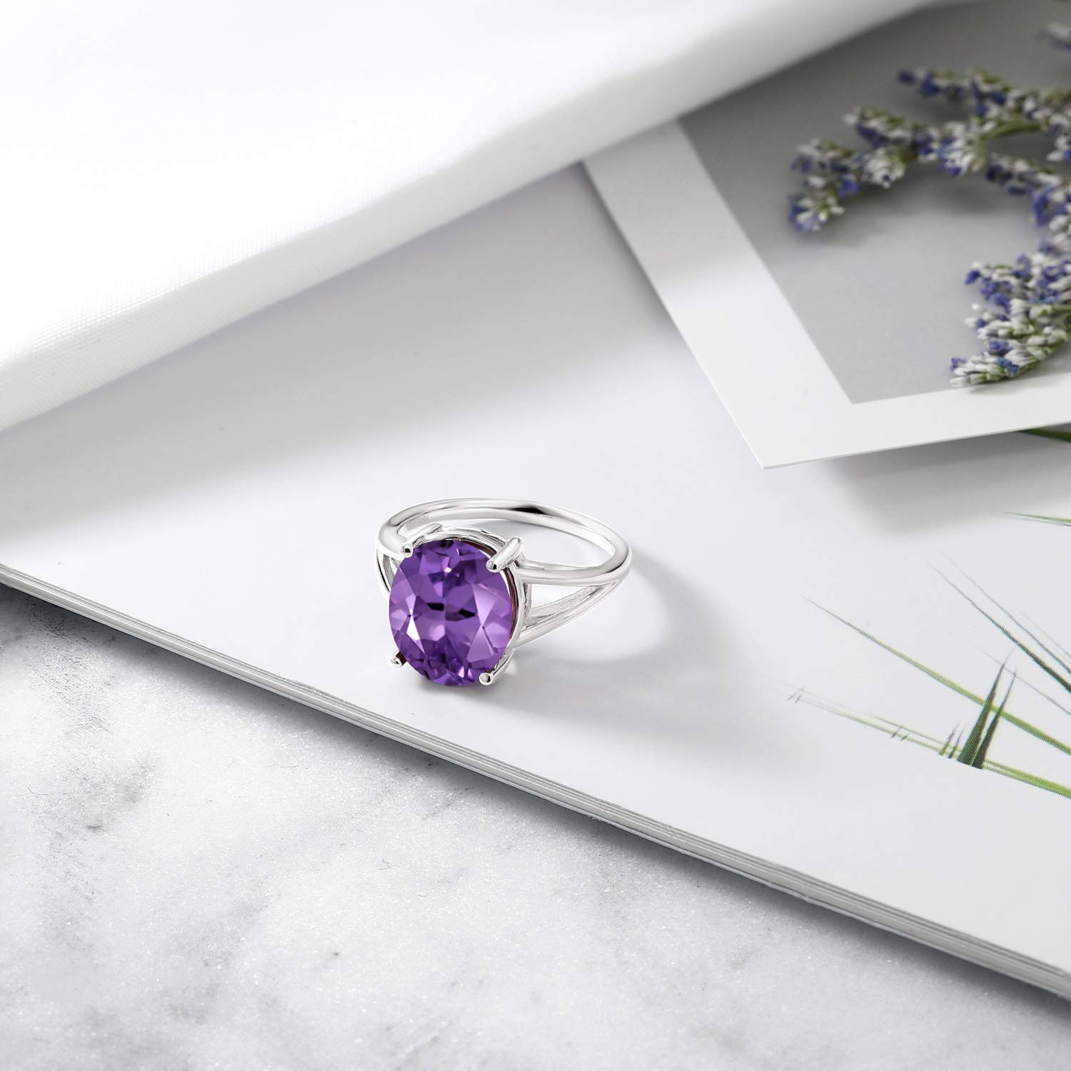 Gem Stone King 925 Sterling Silver Purple Amethyst Ring For Women | 4.60 Cttw | Gemstone February Birthstone | Oval 12X10MM | Available In Size 5,6,7,8,9