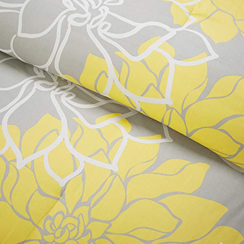 Madison Park Lola Sateen Cotton Comforter Set-Casual Medallion Floral Design All Season Down Alternative Bedding, Shams, Bedskirt, Decorative Pillows, King, Grey/Yellow 7 Piece