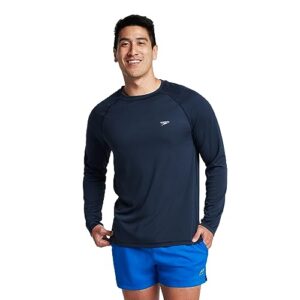 speedo men's uv swim shirt long sleeve loose fit easy tee,new navy,large