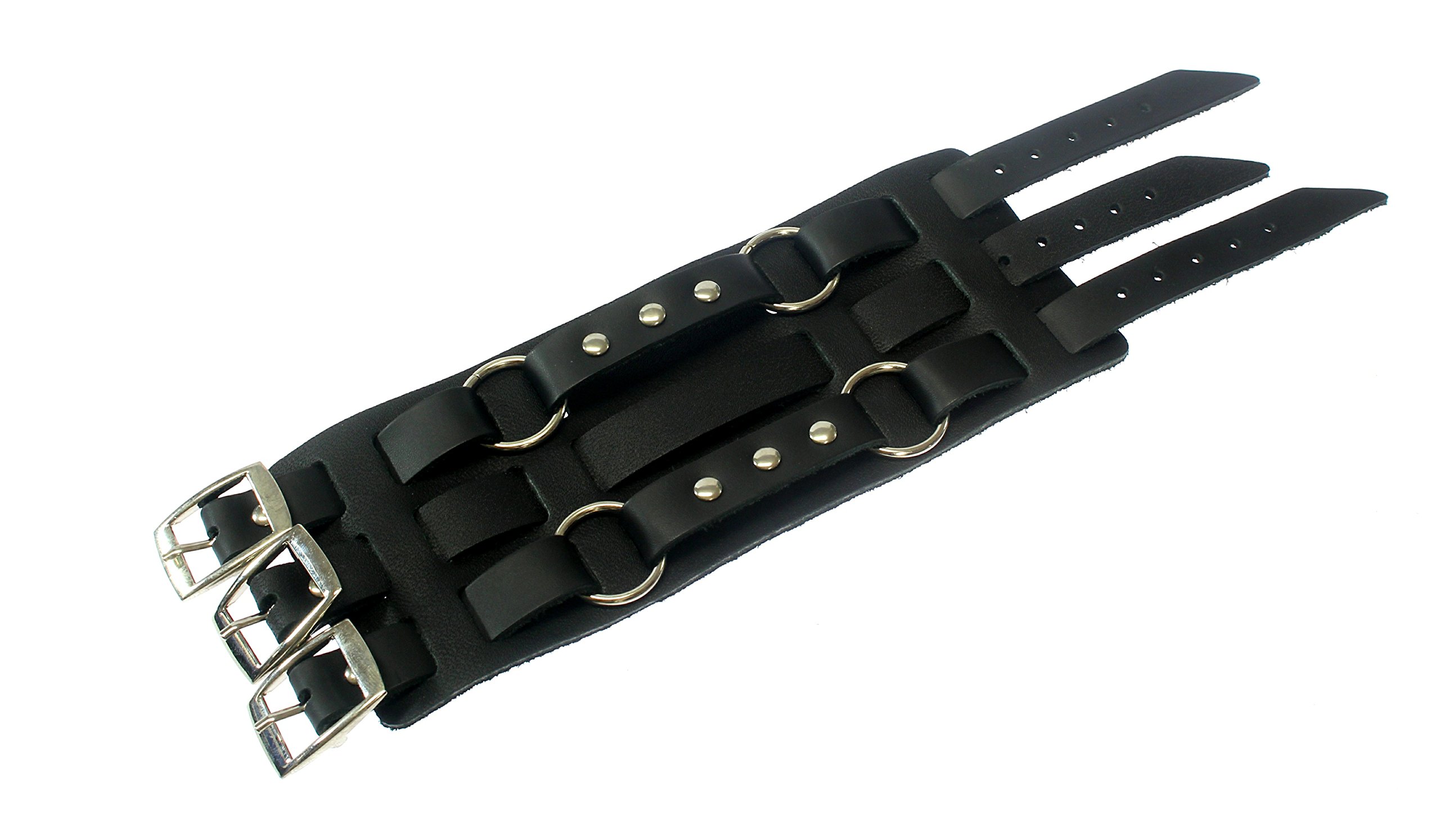 Neptune Giftware Wide Triple Strap Leather Cuff Wrap Gothic Wristband Bracelet With Buckle Fastening - BLACK LEATHER