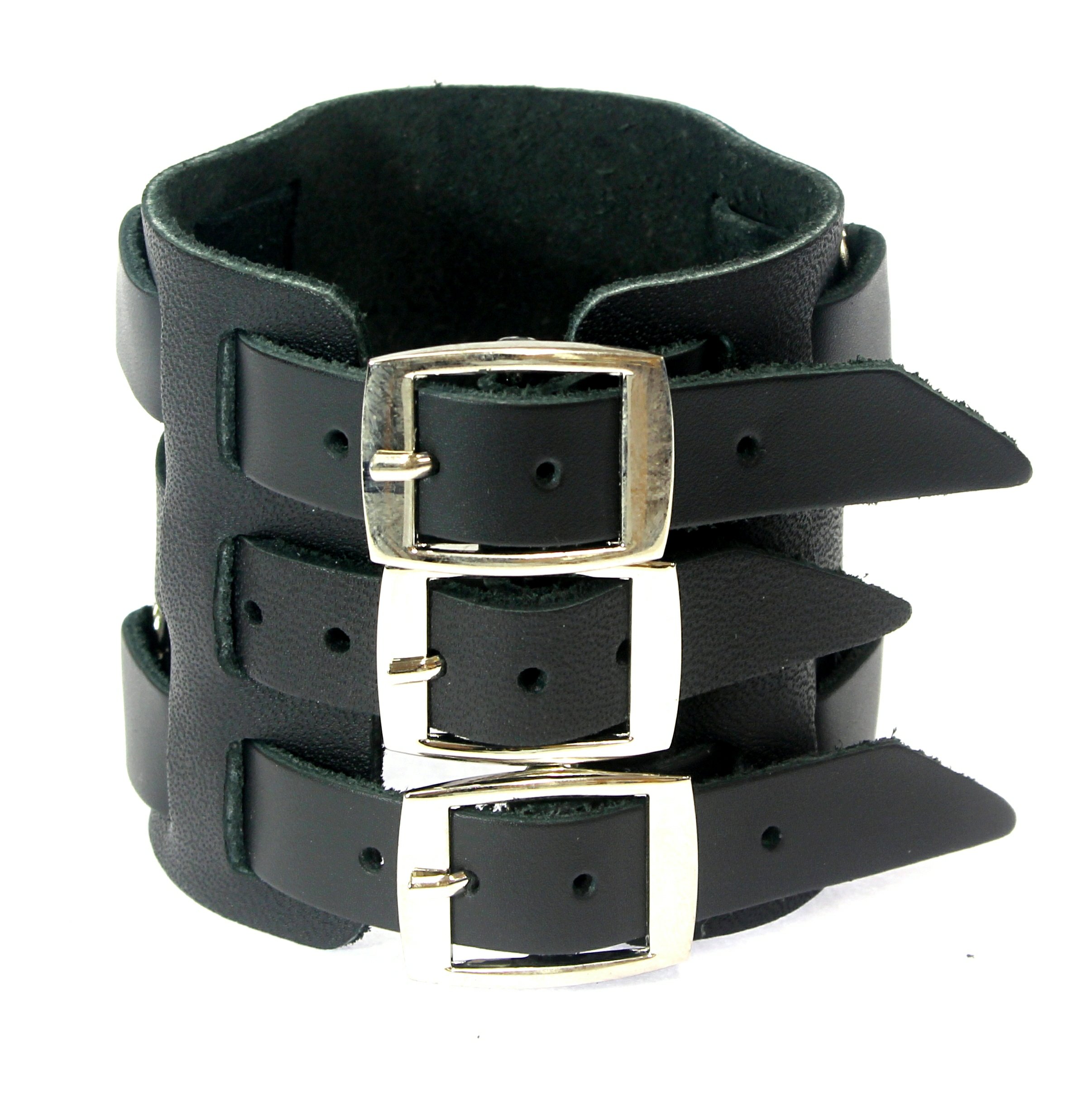 Neptune Giftware Wide Triple Strap Leather Cuff Wrap Gothic Wristband Bracelet With Buckle Fastening - BLACK LEATHER