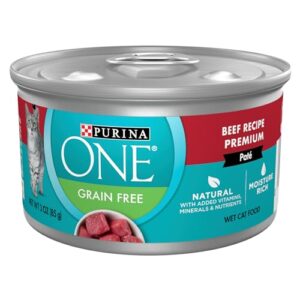 purina one natural, high protein, grain free wet cat food pate, beef recipe - (pack of 24) 3 oz. pull-top cans