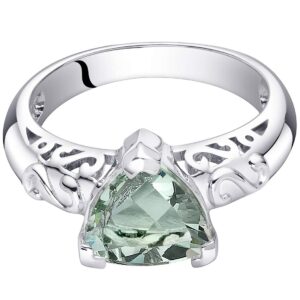 PEORA Green Amethyst Scroll Gallery Solitaire Ring for Women 925 Sterling Silver, Natural Gemstone Birthstone, 2.50 Carats Trillion Cut 8mm, Size 8