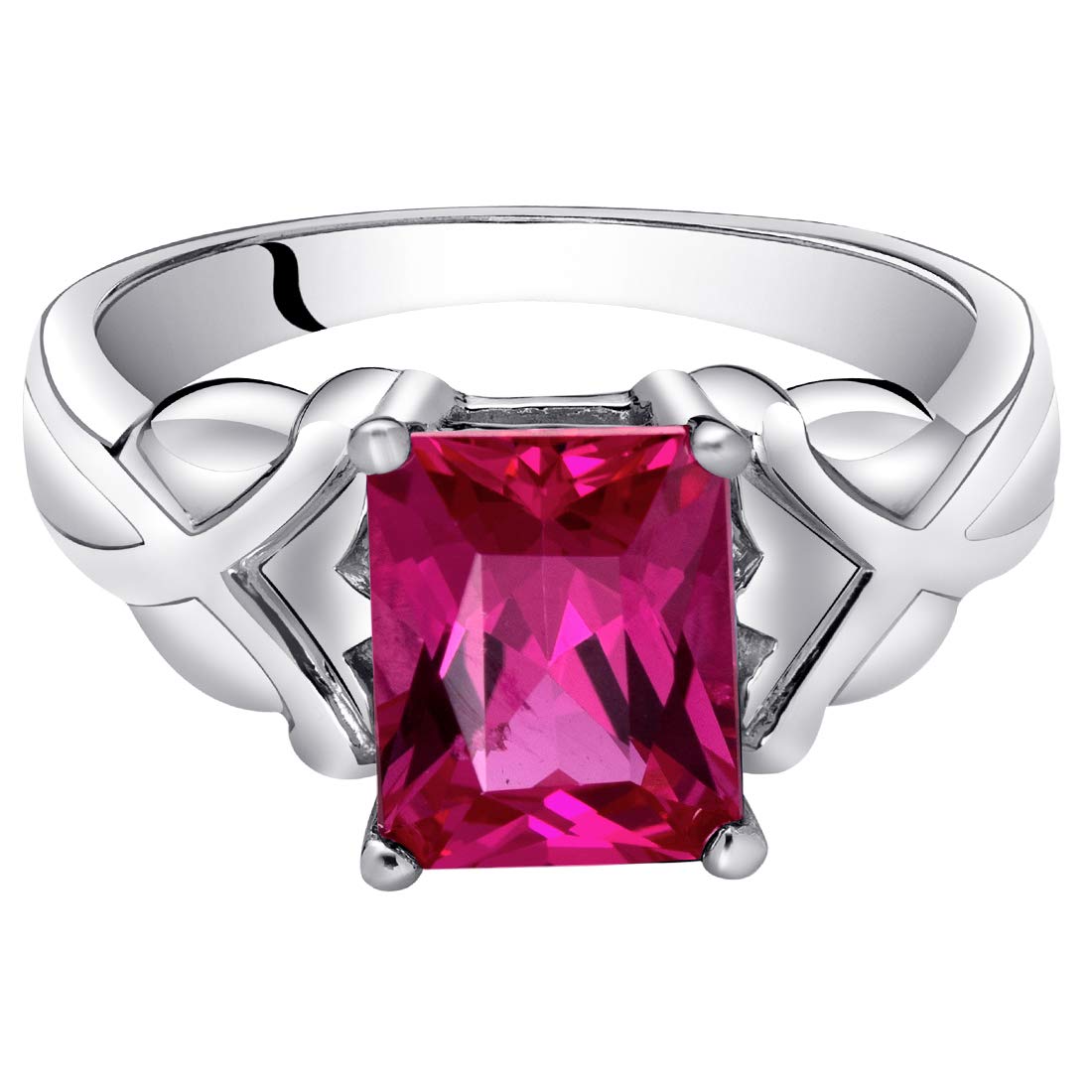 PEORA Created Ruby Ring in Sterling Silver, Criss-Cross Solitaire, Radiant Cut, 9x7mm, 3 Carats total, Comfort Fit, Size 9