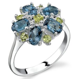 peora london blue topaz and peridot flower ring for women 925 sterling silver, natural gemstones, 3.25 carats total, size 9