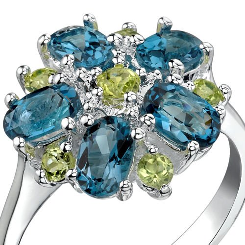 PEORA London Blue Topaz and Peridot Flower Ring for Women 925 Sterling Silver, Natural Gemstones, 3.25 Carats total, Size 9