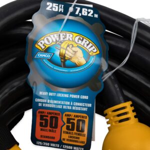 Camco Power Grip 25-Ft 50 Amp RV Extension Cord - Rated for 125/250 V/12,500 W - Features Copper 6/3 + 8/1-Gauge Wires for Superior Conductivity & Coated w/Heat-Resilient PVC (55542)