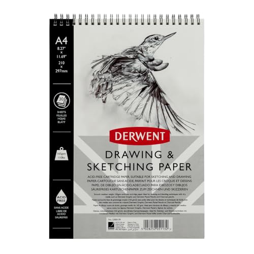 Derwent Sketch Pad, A4, Portrait, 8.27 x 11.69 Inches Sheet Size, Wirebound, 30 Sheets (2300139), White