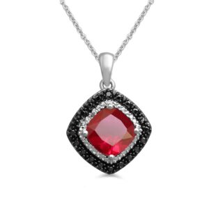 Jewelili Sterling Silver Pendant Necklace with 8mm Cushion Shape Created Ruby and Treated Black and Natural White Round Diamonds, 18" Rolo Chain