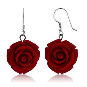 Gem Stone King 20MM 925 Sterling Silver Red Simulated Coral Carved Rose Flower Earrings