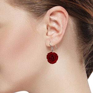 Gem Stone King 20MM 925 Sterling Silver Red Simulated Coral Carved Rose Flower Earrings