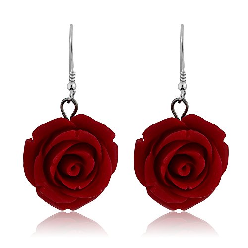 Gem Stone King 20MM 925 Sterling Silver Red Simulated Coral Carved Rose Flower Earrings