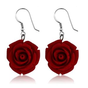 Gem Stone King 20MM 925 Sterling Silver Red Simulated Coral Carved Rose Flower Earrings