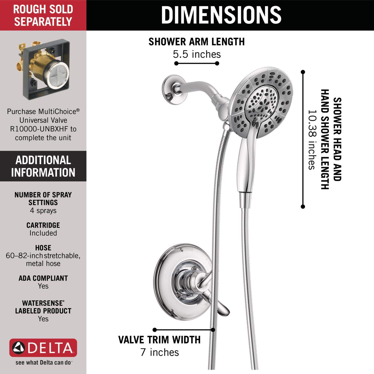 Delta Faucet Linden 17 Series Dual-Function Shower Faucet, Shower Trim Kit with 4-Spray In2ition 2-in-1 Dual Hand Held Shower Head with Hose, Chrome T17294-I (Valve Not Included)