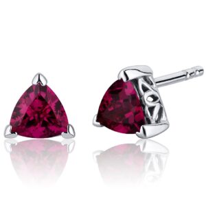 Peora Created Ruby Stud Earrings 925 Sterling Silver, Solitaire Scroll Gallery, 2 Carats Total Trillion Shape 6mm, Hypoallergenic, Friction Backs