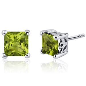 peora peridot stud earrings 925 sterling silver, genuine gemstone birthstone solitaire scroll gallery, 2 carats total, princess cut 6mm, friction backs