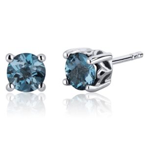 peora london blue topaz stud earrings 925 sterling silver, solitaire scroll gallery, natural gemstone birthstone, 2 carats total, round shape 6mm, friction backs