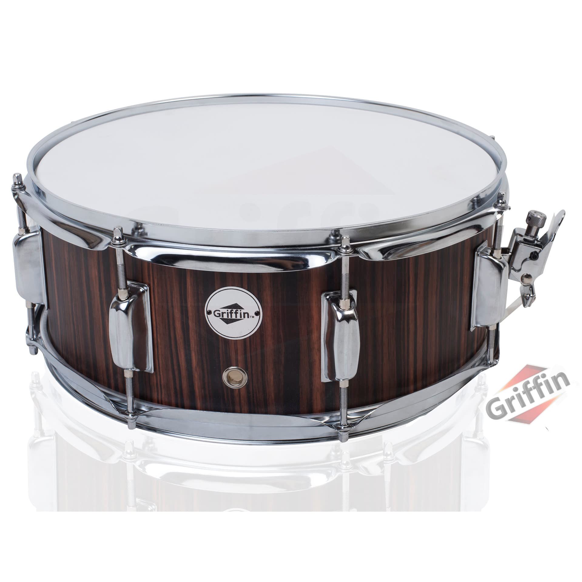 Snare Drum by GRIFFIN | 14" x 5.5" Black Hickory PVC & Coated Head on Poplar Wood Shell | Acoustic Marching Percussion Instrument Set, Drummers Key, 8 Metal Tuning Lugs & Snare Strainer Throw Off Kit