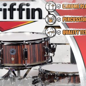 Snare Drum by GRIFFIN | 14" x 5.5" Black Hickory PVC & Coated Head on Poplar Wood Shell | Acoustic Marching Percussion Instrument Set, Drummers Key, 8 Metal Tuning Lugs & Snare Strainer Throw Off Kit