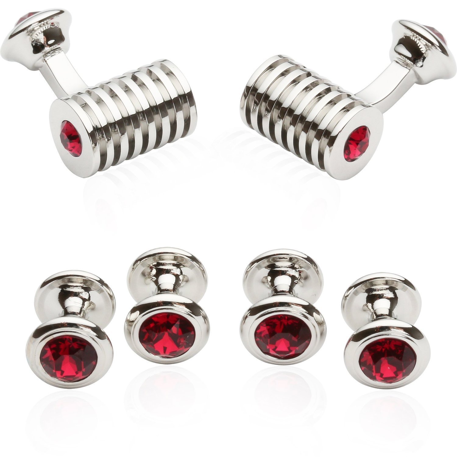 Cuff-Daddy Men's Silver Ruby Red Swarovski Crystal Cufflinks and Studs Tuxedo Shirt Formal Set with Jewelry Presentation Box Storage Travel Special Occasions Wedding Cufflinks & Shirt Accessories